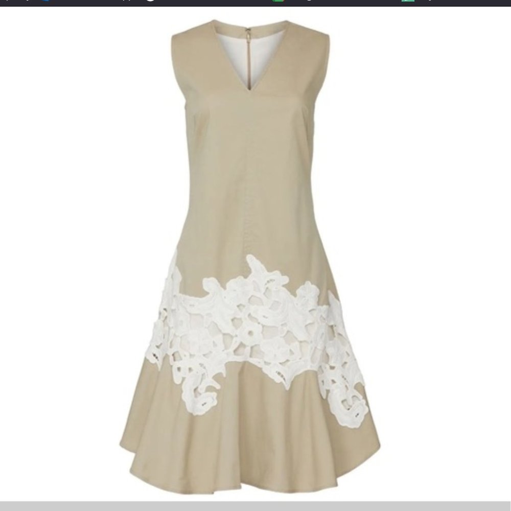DEREK LAM Beige Twill White Venetian Lace Fit & Flare Dress US 8 V-neck Khaki